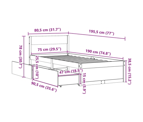 Estructura de cama sin colchón madera maciza pino 75x190 cm