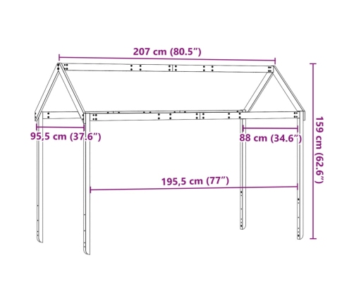 Techo de cama infantil madera maciza pino 207x95,5x159 cm