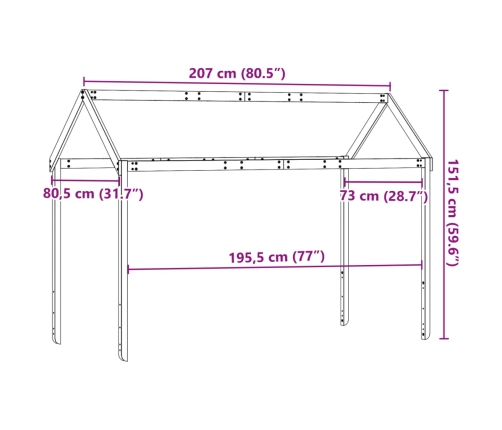 Techo de cama infantil madera maciza pino 207x80,5x151,5 cm