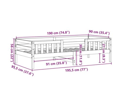 Estructura de cama sin colchón madera maciza de pino 90x190 cm