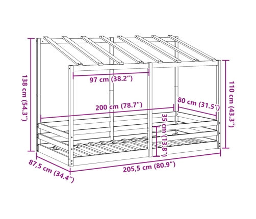 Cama para niños con techo madera maciza de pino 80x200 cm