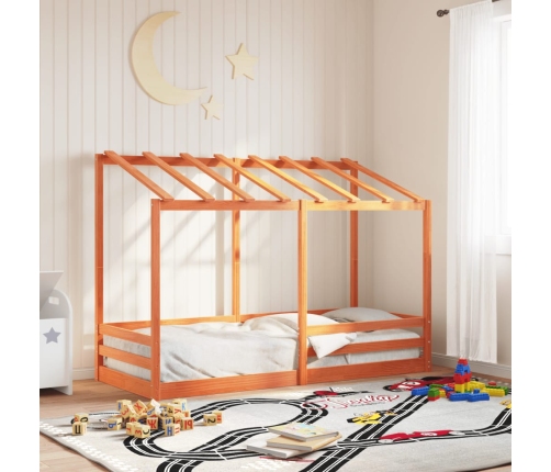 Cama infantil con techo madera maciza pino marrón 90x190 cm