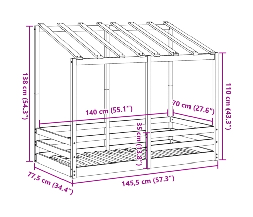 Cama para niños madera maciza de pino 70x140 cm