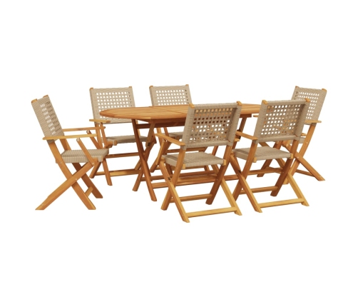 Set de comedor de jardín 7 pzas ratán PE madera maciza beige
