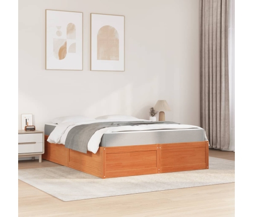 vidaXL Cama con colchón madera maciza de pino marrón cera 140x200 cm