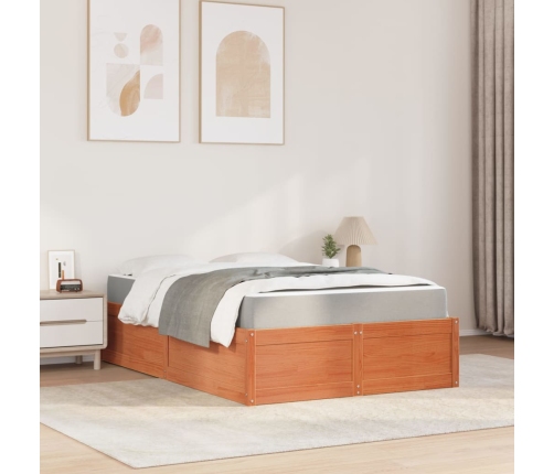 Cama con colchón madera maciza de pino marrón cera 140x190 cm