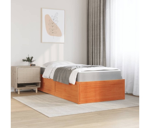 Cama con colchón madera maciza de pino marrón cera 90x190 cm