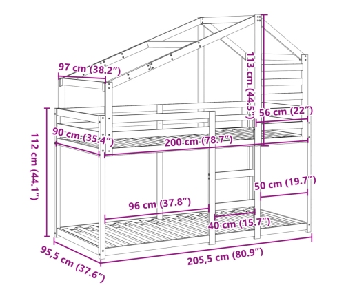 Cama litera sin colchón madera maciza de pino 90x200 cm