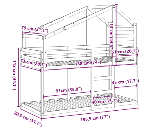 Litera con techo madera maciza pino marrón cera 75x190 cm