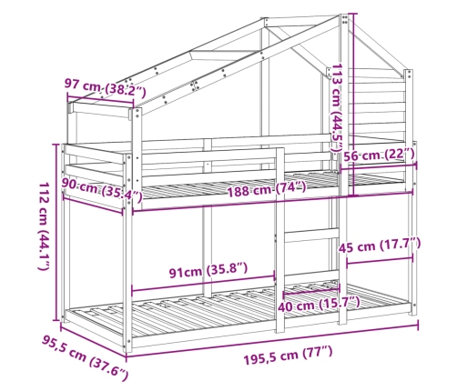 Cama litera sin colchón madera maciza de pino 90x190 cm