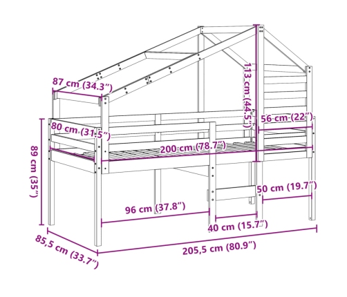 Cama alta con techo madera maciza de pino marrón cera 80x200 cm