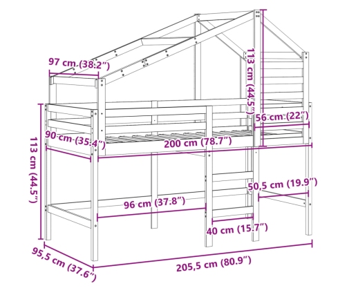 Cama alta con techo madera maciza de pino marrón cera 90x200 cm