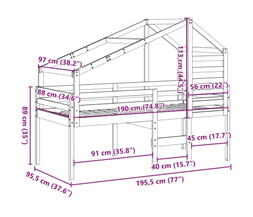 vidaXL Cama alta con techo madera maciza de pino blanca 90x190 cm