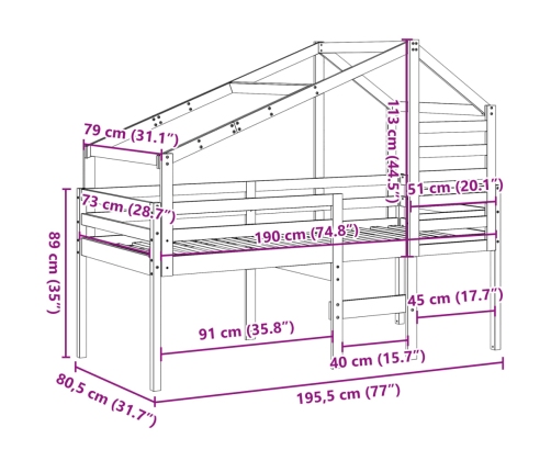 Cama alta con techo madera maciza de pino marrón cera 75x190 cm