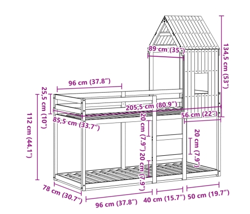 vidaXL Cama litera con techo madera maciza de pino blanco 80x200 cm