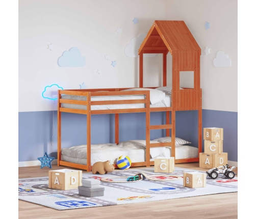 Cama litera con techo madera maciza pino marrón 90x190 cm