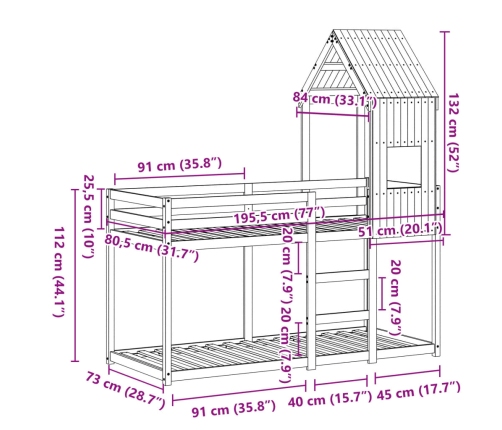 vidaXL Cama litera con techo de madera maciza de pino 75x190 cm