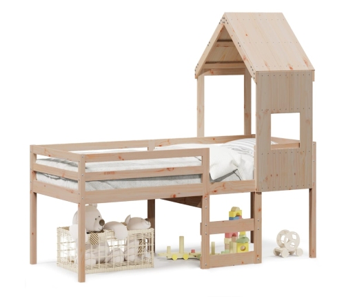 Cama alta con techo madera maciza de pino marrón cera 75x190 cm