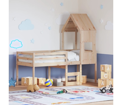 Cama alta con techo madera maciza de pino marrón cera 75x190 cm