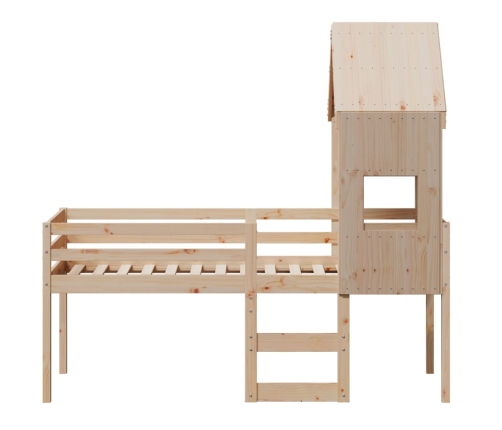 Cama alta con techo madera maciza de pino marrón cera 75x190 cm