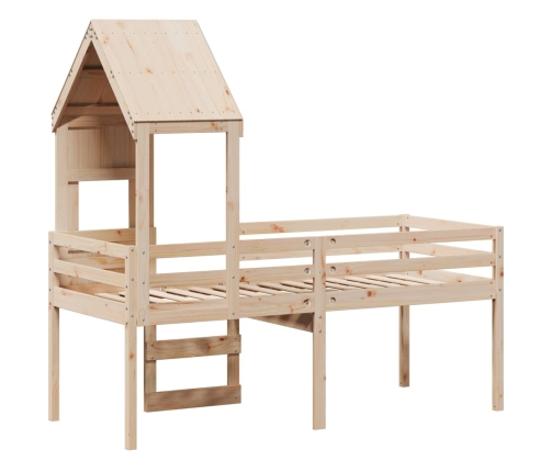 Cama alta con techo madera maciza de pino marrón cera 75x190 cm