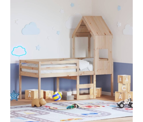 Cama alta con techo madera maciza de pino marrón cera 75x190 cm