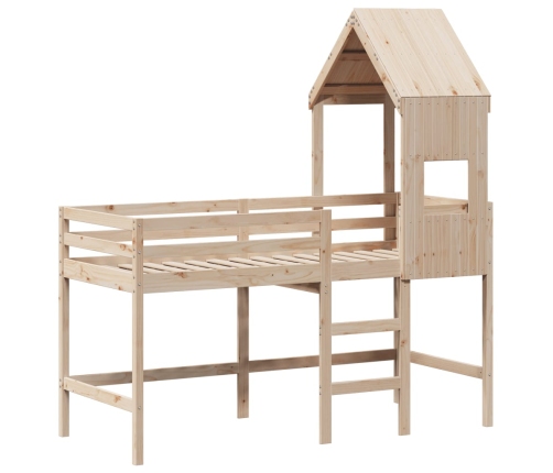 Cama alta con escalera y techo madera maciza de pino 90x190 cm