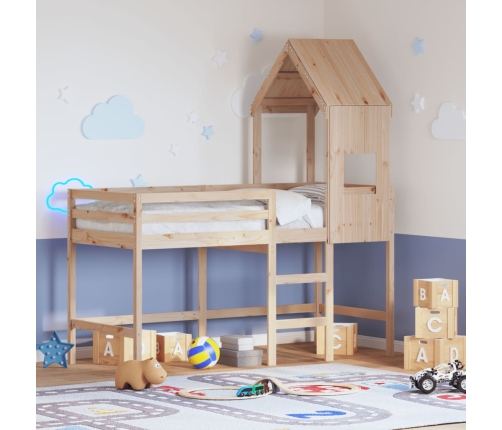 Cama alta con escalera y techo madera maciza de pino 90x190 cm