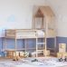 Cama alta con escalera y techo madera maciza de pino 90x190 cm