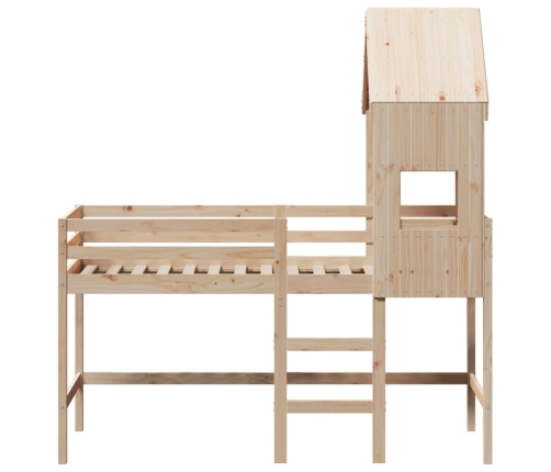 Cama alta con escalera y techo madera maciza de pino 90x190 cm
