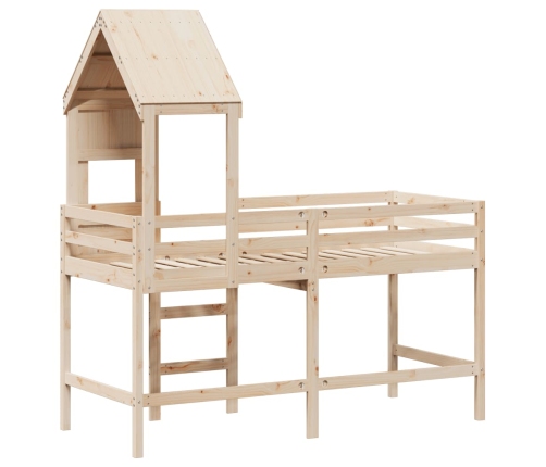 Cama alta con escalera y techo madera maciza de pino 90x190 cm