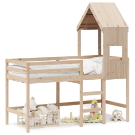Cama alta con escalera y techo madera maciza de pino 90x190 cm
