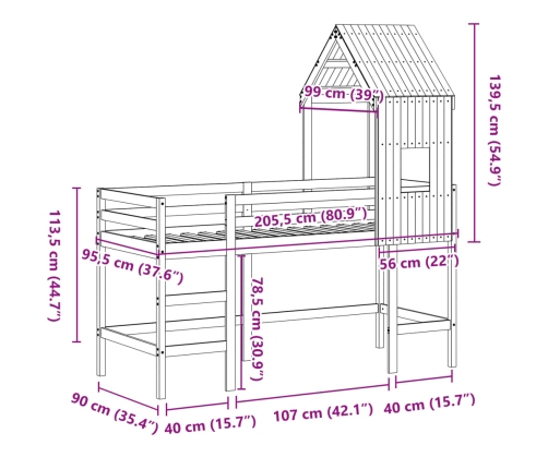 vidaXL Cama alta con escalera y techo madera maciza de pino 90x200 cm