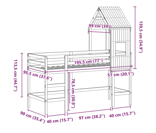 Cama alta con escalera y techo madera maciza de pino 90x190 cm