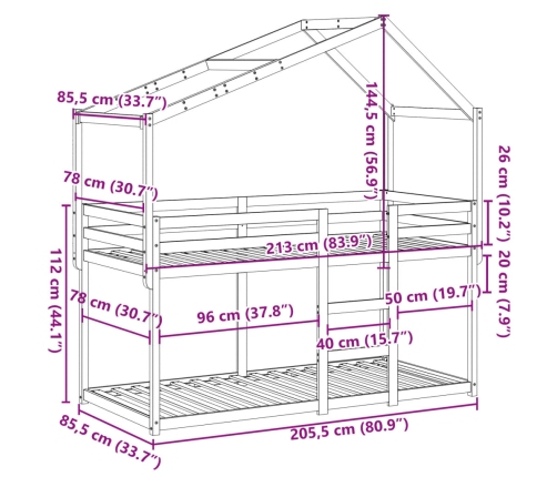 Cama litera con techo madera maciza de pino 80x200 cm