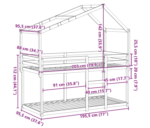 Cama litera sin colchón madera maciza de pino 90x190 cm