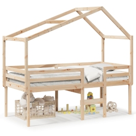 Cama alta con techo madera maciza de pino 90x200 cm