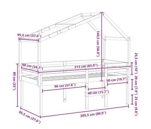 vidaXL Cama alta con techo blanca madera maciza pino blanca 90x200 cm