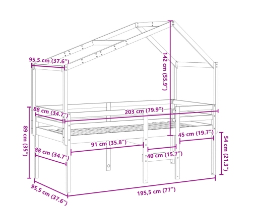 vidaXL Cama alta con techo madera maciza de pino 90x190 cm