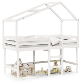 Cama alta escalera y techo madera maciza pino blanca 90x200 cm