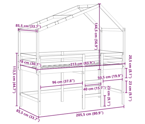 vidaXL Cama alta con escalera y techo madera maciza de pino 80x200 cm