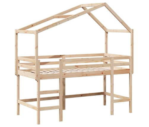 Cama alta con escalera y techo madera maciza de pino 80x200 cm