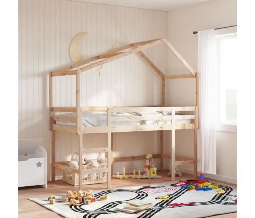 Cama alta con escalera y techo madera maciza de pino 80x200 cm