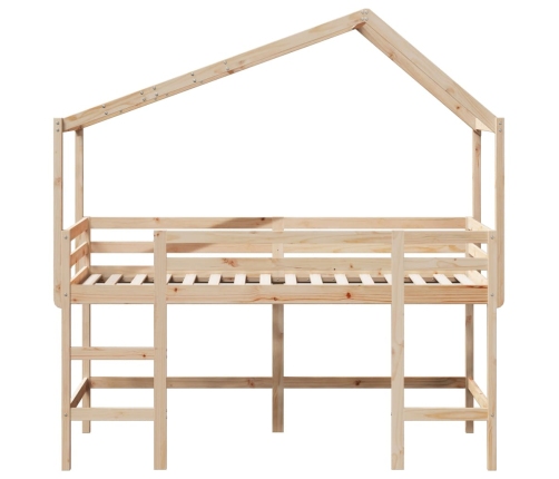Cama alta con escalera y techo madera maciza de pino 80x200 cm