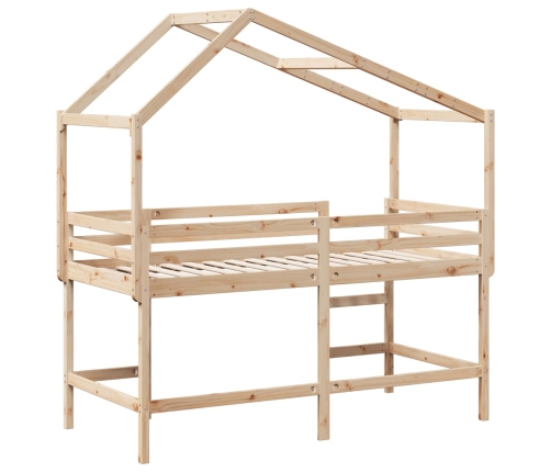 Cama alta con escalera y techo madera maciza de pino 80x200 cm