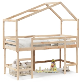 Cama alta con escalera y techo madera maciza de pino 80x200 cm
