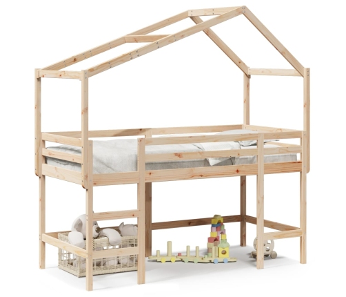 Cama alta con escalera y techo madera maciza de pino 80x200 cm