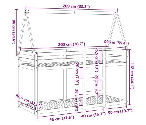 Cama litera con techo madera maciza pino marrón 90x200 cm