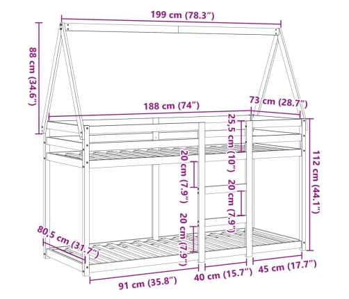 vidaXL Cama litera con techo madera maciza pino marrón cera 75x190 cm