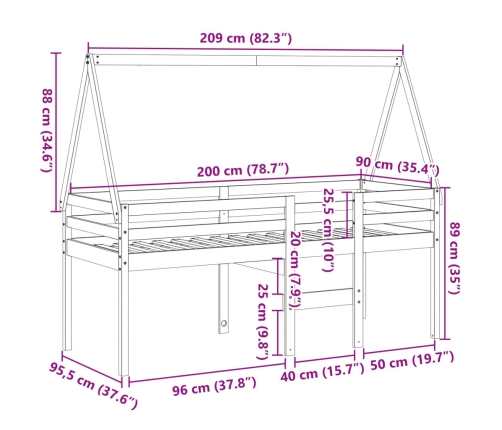 Cama alta con techo madera maciza de pino 90x200 cm